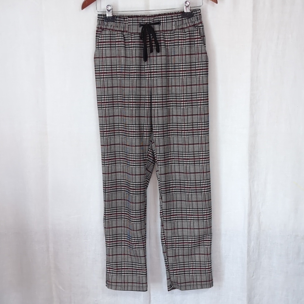 Joe B Black White Houndstooth Plaid High Rise Straight Leg Pull On Pant Size Med